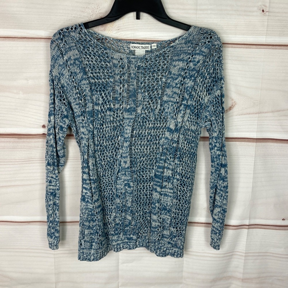 Nomadic Traders Sweater Womens Small Blue White Open Knit Pullover Long Sleeve
